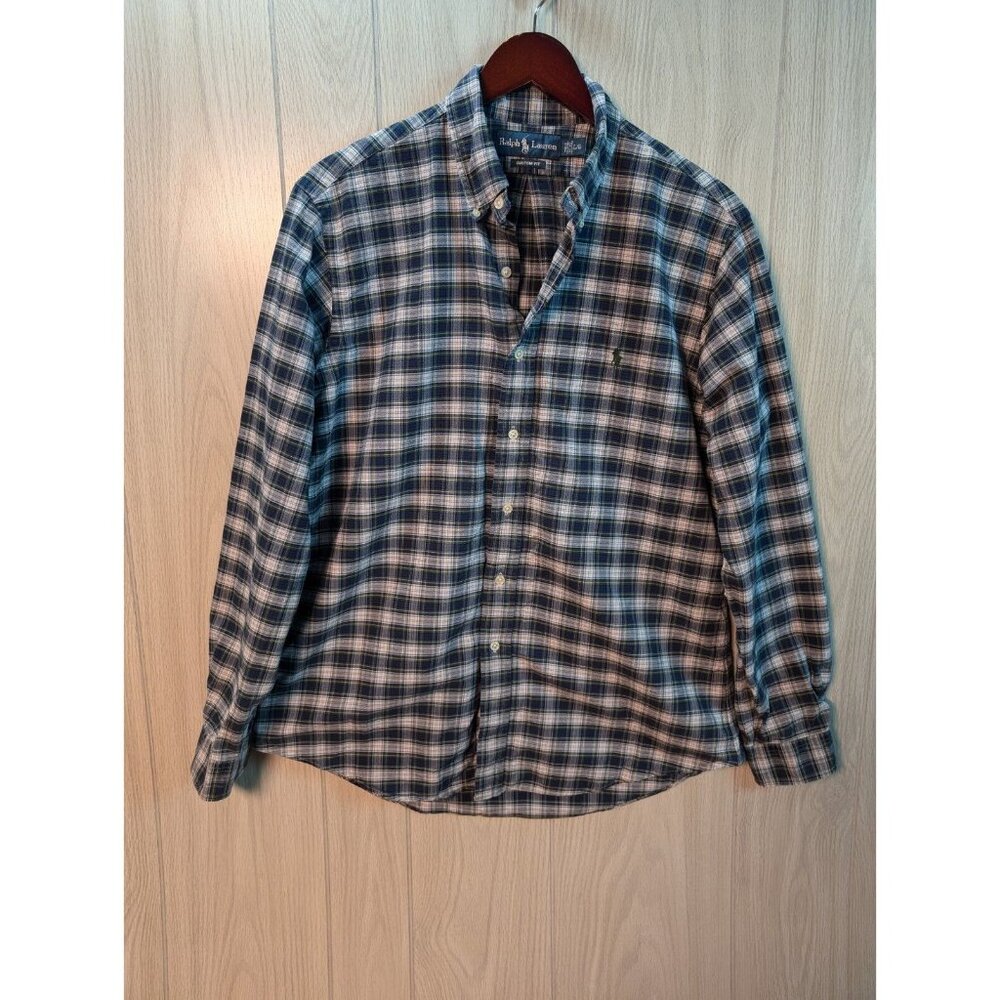 Ralph Lauren Custom Fit Long Sleeve Button Down Size Large L Blue & White Plaid